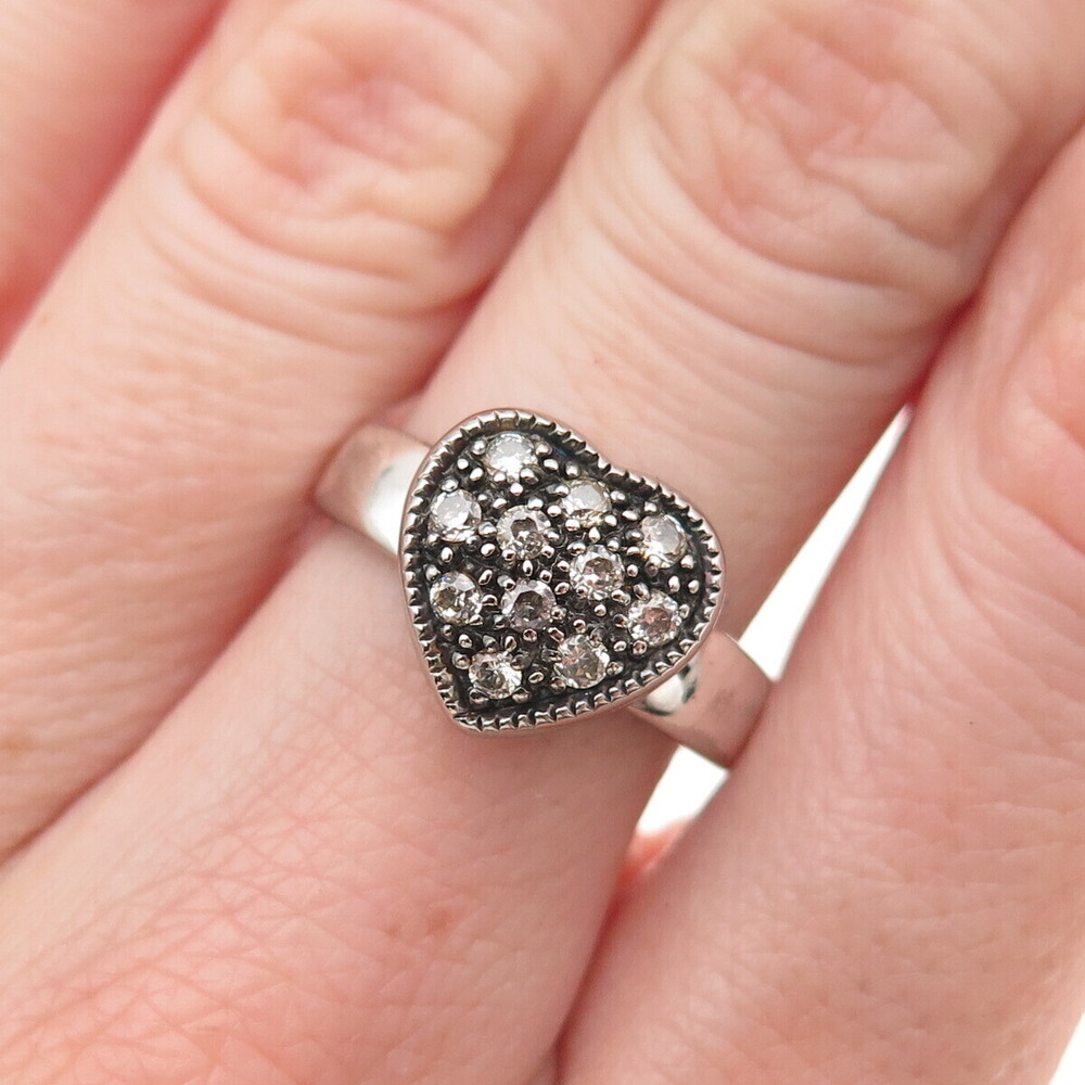 925 Sterling Silver Vintage Round-Cut C Z Heart Oxidized Ring Size 7